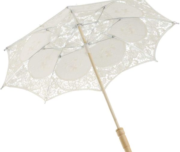 2 Pcs 12 Inch Lace Parasol Umbrella Wedding Umbrella for Bride Wedding Gift Photo Props Kids Gift White & Beige