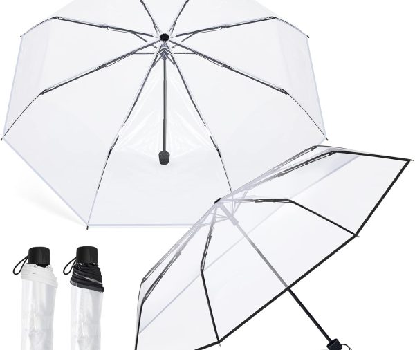 2 Pcs Clear Umbrella Transparent Portable Umbrella Compact Foldable Umbrella Manual Open Close Folding Umbrellas for Wedding Travel, Dating
