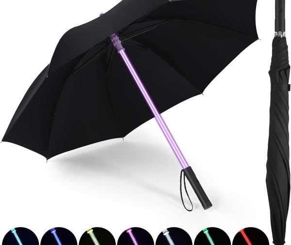 LED Umbrella Laser Sword Light up Umbrella with 7 Color Changing Effects Long Handle Straight Stick Umbrella Parasol 8 Rib Windproof Golf Umbrella with Flashlight Handle for Men Women Elder