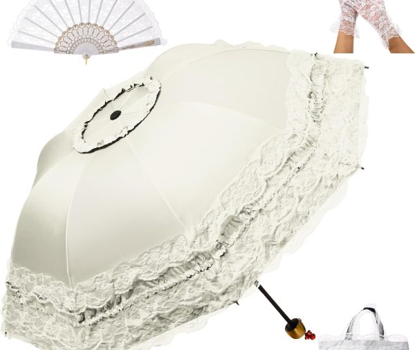 Princess Lace Parasol Gothic Lolita Umbrella Lace Gloves Fan Set Flower Printed Lining for Walking UV Sun Protection Christmas Wedding Dration Cosplay Photoshoot Props