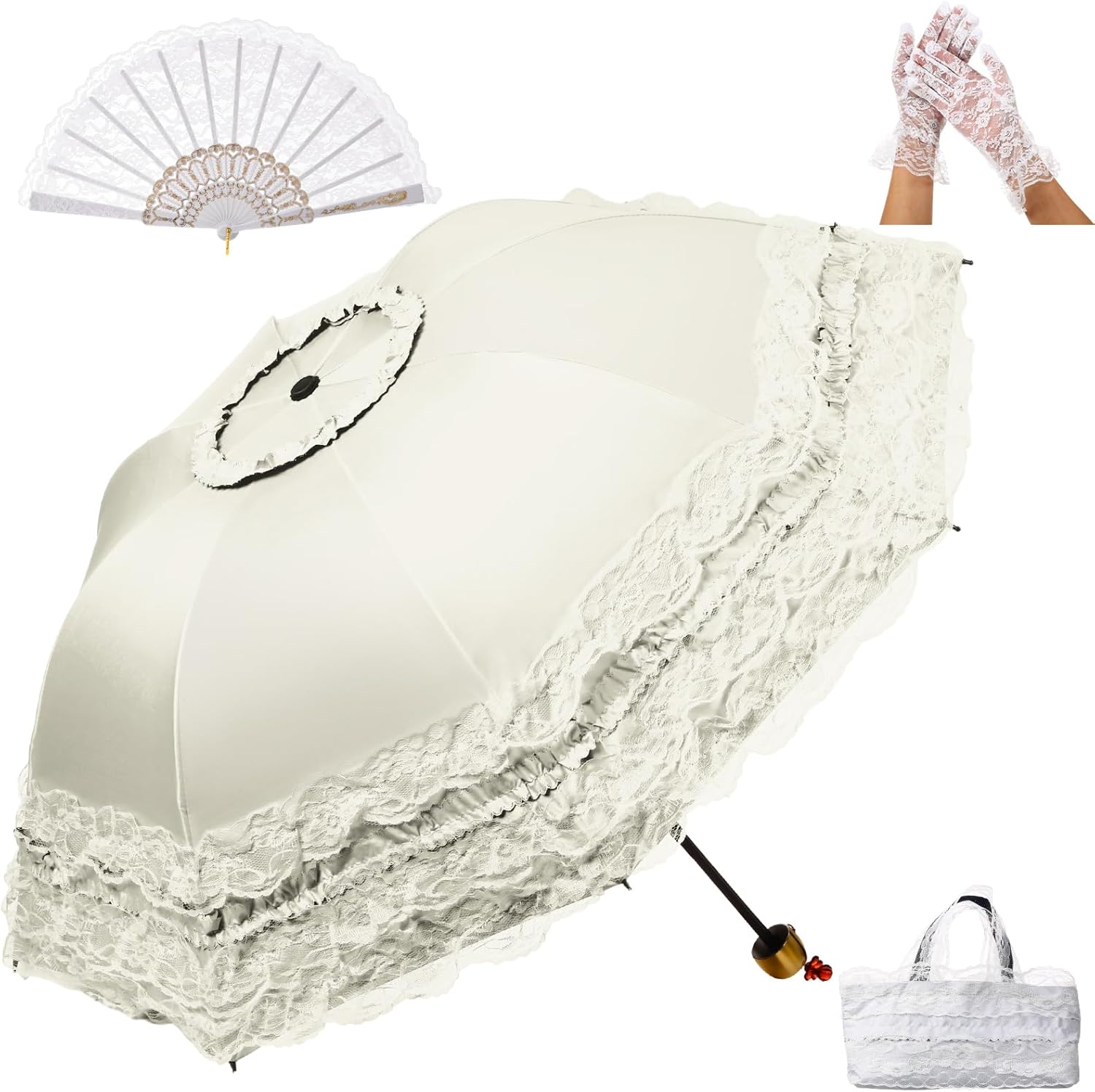 Princess Lace Parasol Gothic Lolita Umbrella Lace Gloves Fan Set Flower Printed Lining for Walking UV Sun Protection Christmas Wedding Dration Cosplay Photoshoot Props