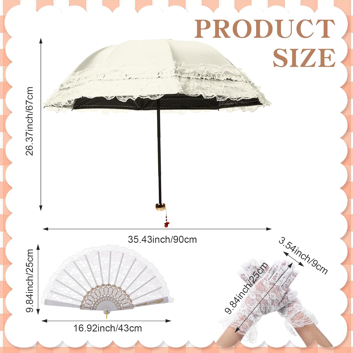 Princess Lace Parasol Gothic Lolita Umbrella Lace Gloves Fan Set Flower Printed Lining for Walking UV Sun Protection Christmas Wedding Dration Cosplay Photoshoot Props - Image 2