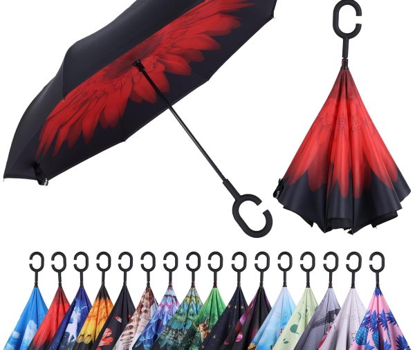 Inverted Reverse Umbrella with C-shaped Handle Windproof Upside Down Umbrellas for Rain Double Layer Hands Free Umbrella for Women and Men
