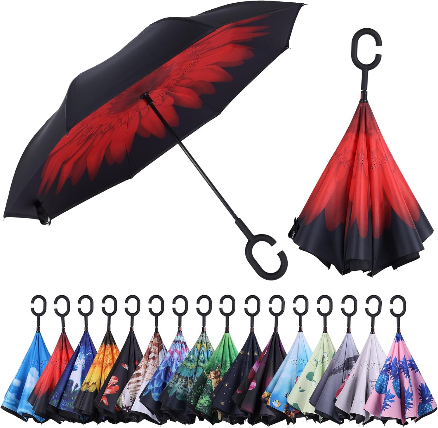 Inverted Reverse Umbrella with C-shaped Handle Windproof Upside Down Umbrellas for Rain Double Layer Hands Free Umbrella for Women and Men