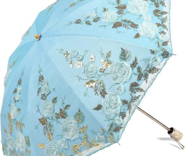 Ladies Anti-UV Lace Embroidery Sun Parasol Folding Umbrella Wedding Umbrella