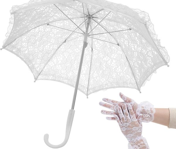 White Lace Embroidery Parasol with Floral Lace Wrist Gloves for Wedding Flower Girl - Small Vintage Bridal Umbrella Kids Craft Flowers Lace Parasol