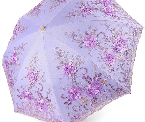 Lace Parasol Ultraviolet-Proof Folding Umbrella UPF50+ Vintage Flower Embroidery Umbrella for Wedding Party and Photo Shooting